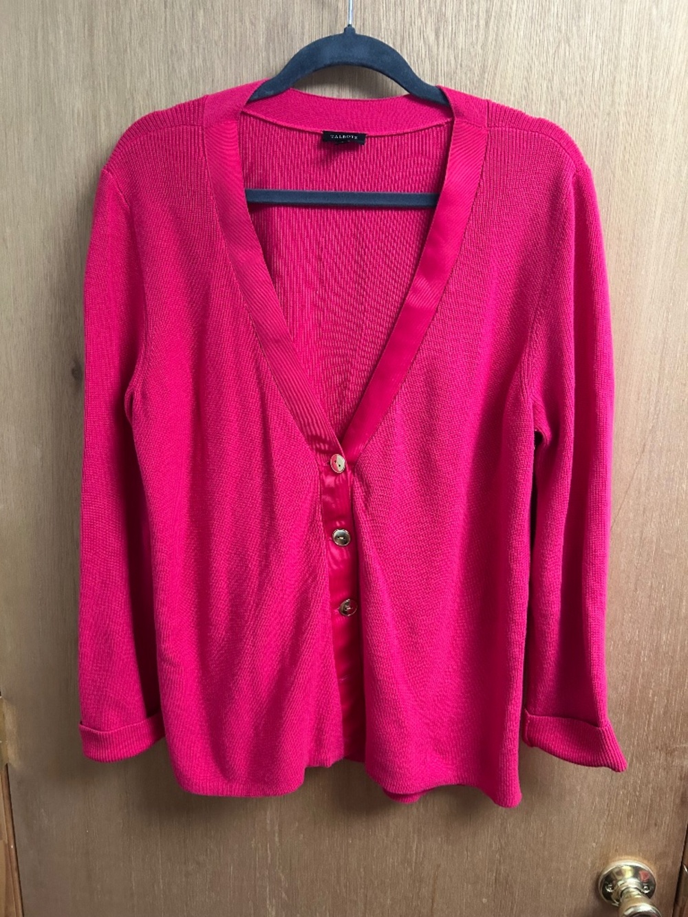 Talbots Hot Pink Deep V-Neck Button-Front Cardigan Long Lined Gold Button Sz XL